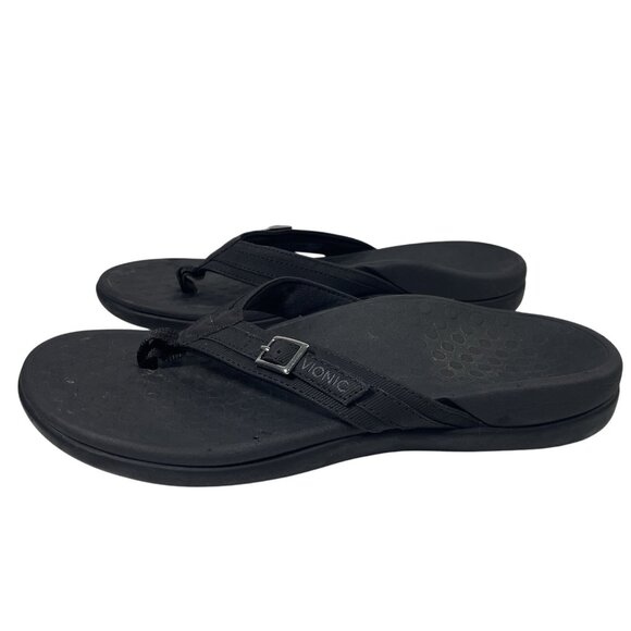 Vionic Tide Flip Flop Sandals Womens 6 Black Silver Buckle Logo Slip On Shoes - Picture 2 of 10